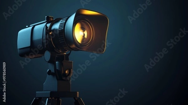 Fototapeta A modern camera with a bright lens, set against a dark background, ideal for photography enthusiasts and professional use.