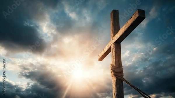 Obraz A wooden cross stands tall against a dramatic sky, illuminated by radiant sunlight, symbolizing faith and hope.