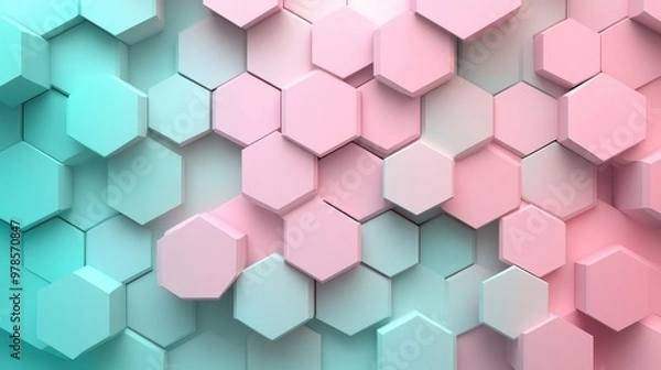 Fototapeta Geometric hexagonal grid, pastel pink and teal, soft shading for 3D effect, modern minimalism, calming flow with smooth edges and transitions