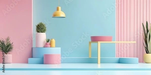 Fototapeta Minimalist 3D Render of Blue and Pink Background with Geometric Shapes and Plants