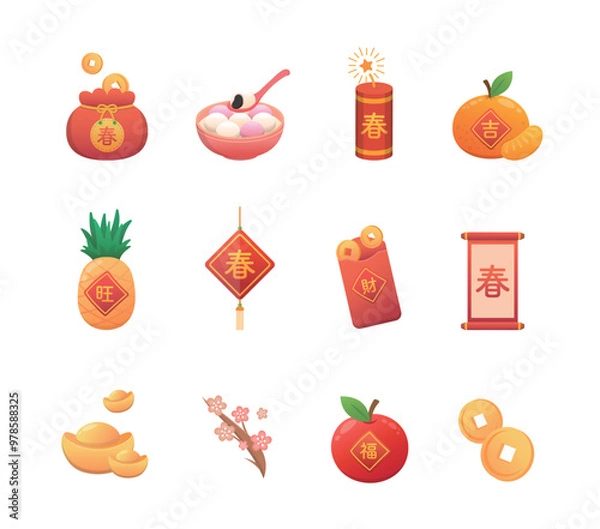 Obraz Set of vector illustrations for Chinese New Year or Lantern Festival, cute colorful style, translation: wealth and spring