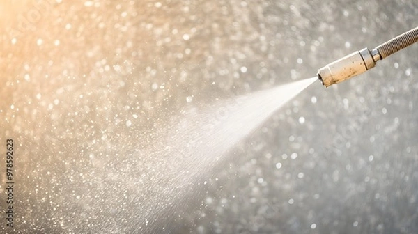 Fototapeta A power washer sprays a concrete wall, dirt and debris flying off, exposing the fresh surface beneath, dramatic contrast between clean and dirty areas
