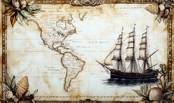 Fototapeta Vintage nautical map of North and South America with a ship sailing towards the Caribbean Sea.