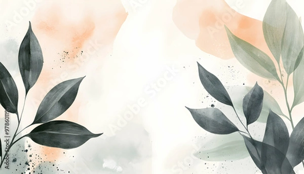 Fototapeta Abstract watercolor background with leafy branches and delicate peach and green washes.