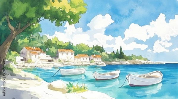 Fototapeta Watercolor illustration of a coastal village in a hidden cove, with vivid boats floating on crystal waters, the village glowing in warm tones