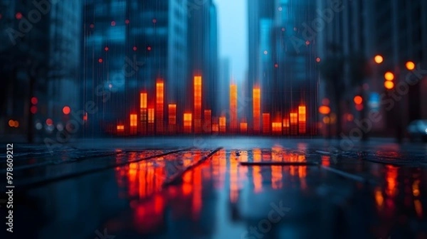 Fototapeta Virtual financial data chart on a blurry cityscape, representing modern trading and global market trends.