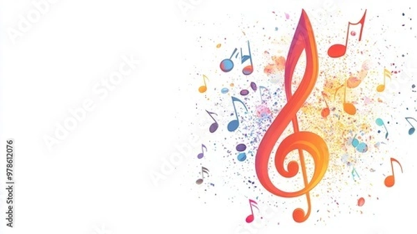 Fototapeta Colorful music notes and treble clef with paint splashes on a white background.