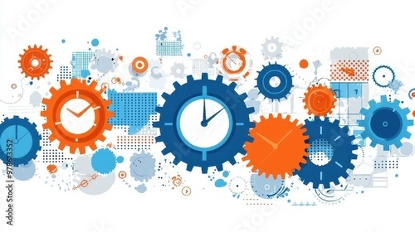 Fototapeta Modern Minimalistic Typography with Gears and Clock Symbolizing Productivity and Efficiency