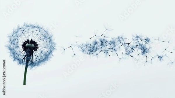 Obraz Whimsical dandelion seeds dispersing, captured on solid white background, single object