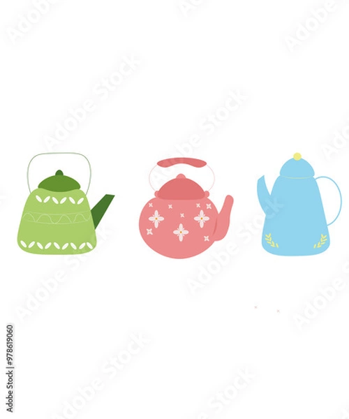 Fototapeta vector teapots on a white background, set of teapots illustration  Flat vector hearts hand drawn doodle. Simple, minimalistic teapots
