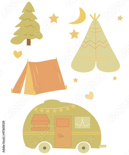 Fototapeta vector camp set, vector tent and travel machine, flat illustration