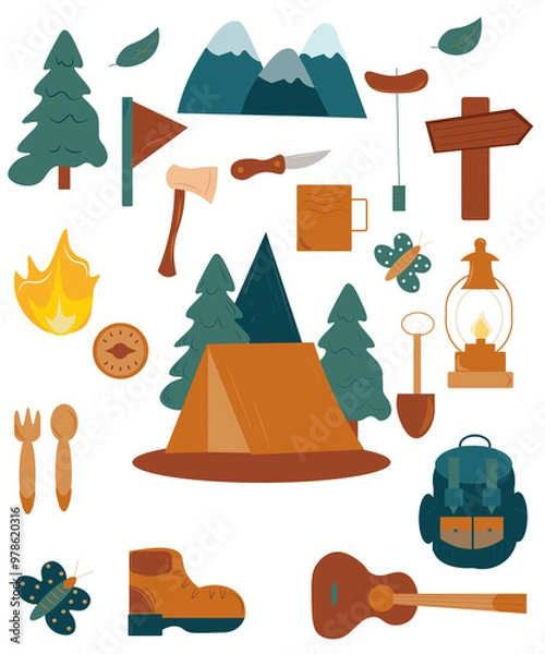 Fototapeta Travel camp set vector illustration. Traveling collection, tent and fire, accessories needed in trip. backpack, mountains and food flat illustration on white background