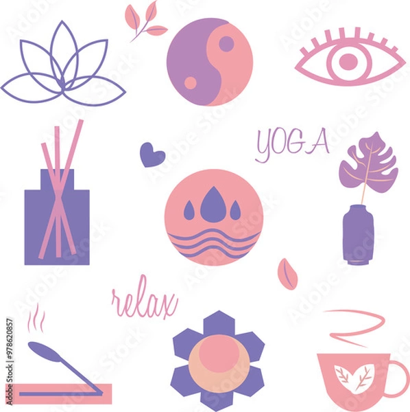 Fototapeta Yoga stickers set. Hand drawn elements set aroma sticks, mat, block. yoga icons on a white background. vector illustration