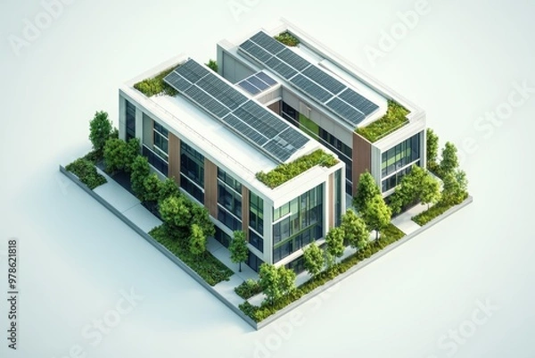 Fototapeta Modern eco-friendly building with solar panels and greenery.