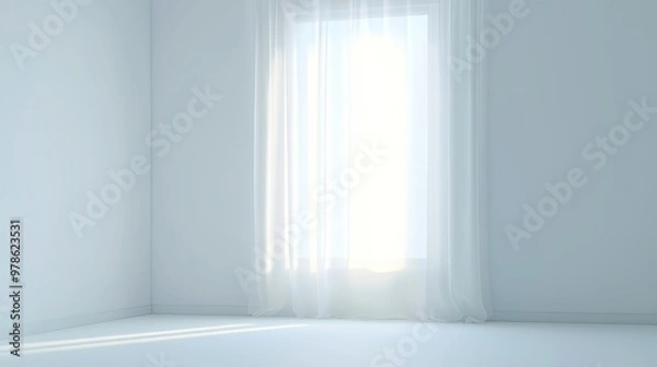 Fototapeta Soft fabric curtain draping gracefully over a spacious window, inviting gentle light to fill the airy interior, creating a serene and peaceful atmosphere.