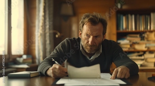 Fototapeta A businessman sitting at a desk, holding a pen while thoughtfully reviewing a document, symbolizing a business buyout.Corporate,professional,business,deal,merger and acquisition,private equity.AI.