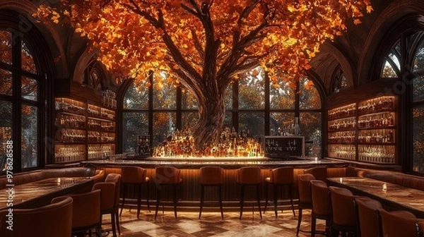 Fototapeta Enchanting Luxury Bar with Illuminated Tree and Autumn Vibes: Perfect Poster for a Sports Lounge or Elegant Home Decor!