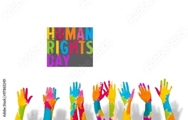 Fototapeta Composite image of group of people raising arms