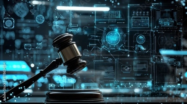 Fototapeta A gavel in mid-swing, suspended in front of a digital courtroom interface, with AI icons and legal symbols floating around. The futuristic backdrop shows a seamless merge of AI with justice