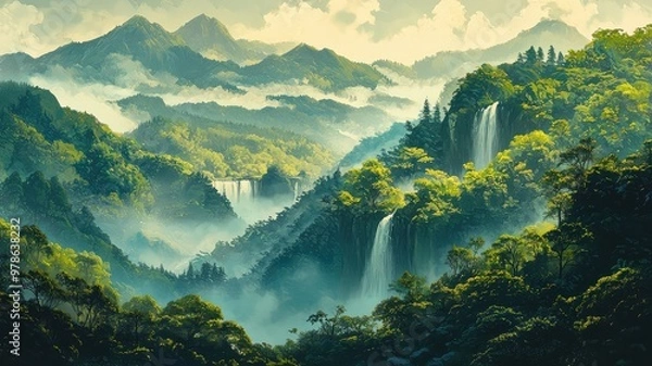 Fototapeta A serene landscape featuring lush mountains and cascading waterfalls, surrounded by misty greenery and a tranquil atmosphere.