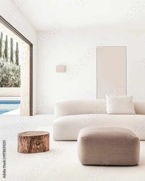 Fototapeta Modern minimalist living room with natural light and pool view, featuring a cozy sofa and wooden accents in a serene setting