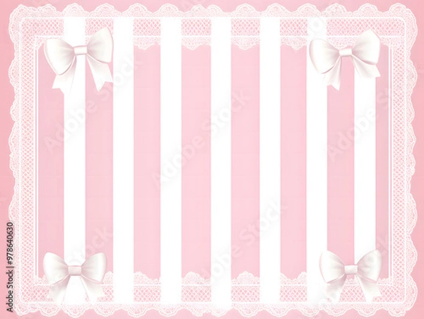 Fototapeta Elegant Pink Lace Frame with Satin Ribbon Bow on Striped Background for Invitations or Cards