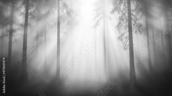 Fototapeta Misty Forest Path with Sunlight Beams Through Trees