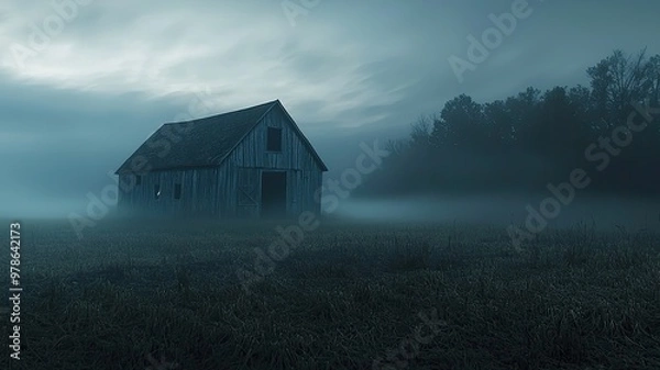 Fototapeta A solitary barn enveloped in mist, creating a mysterious atmosphere in the twilight hours of a foggy morning.