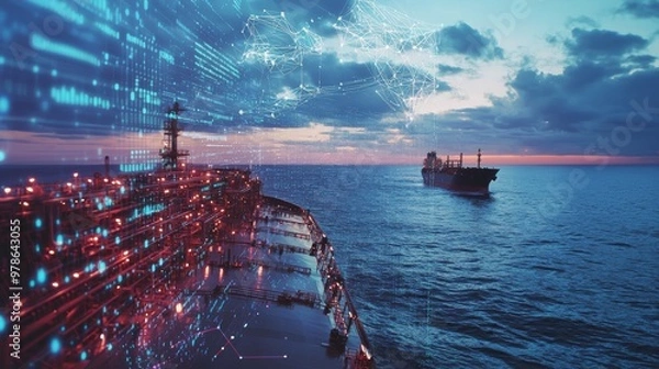 Obraz An oil tanker in the distance, with a transparent layer of AI analytics visualizing its trade routes, real-time oil pricing.