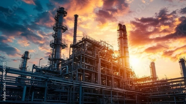 Obraz Close-up of green hydrogen production units within a sprawling oil refinery, high-tech machinery and pipelines working together to create sustainable energy within the heart of the oil industry