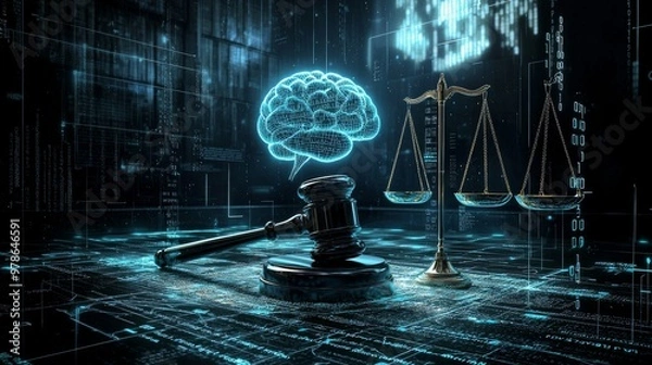 Fototapeta Gavel surrounded by flowing binary code, scales of justice, and a glowing AI brain in a dark, futuristic courtroom, depicting the clash between traditional law and AI systems