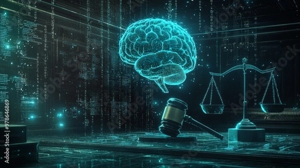 Obraz Gavel surrounded by flowing binary code, scales of justice, and a glowing AI brain in a dark, futuristic courtroom, depicting the clash between traditional law and AI systems