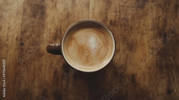 Fototapeta A top-down view of a cup of coffee with a beautiful cream pattern, sitting on a wooden table