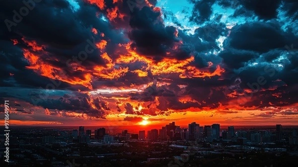 Fototapeta Breathtaking sunset over a city skyline, showcasing vibrant colors in the sky with dramatic clouds and the sun setting on the horizon.