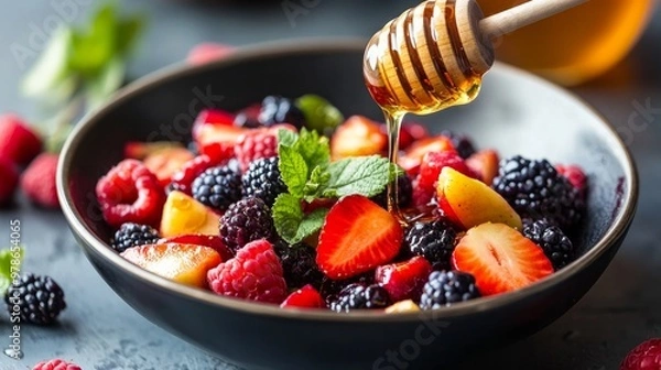 Obraz adding honey to a fruit salad with berries
