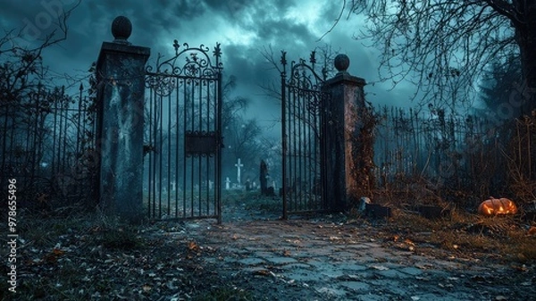 Fototapeta Eerie cemetery gates stand open under a stormy sky, surrounded by a haunting atmosphere and scattered leaves.
