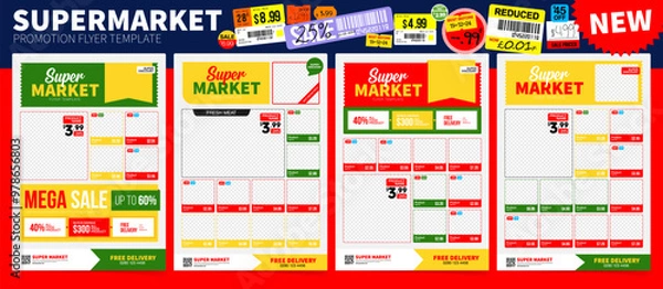 Obraz Set of Supermarket product promotion flyer template. Shop poster design. Grocery Ads. Supermarket flyer with discounts. Vector illustration