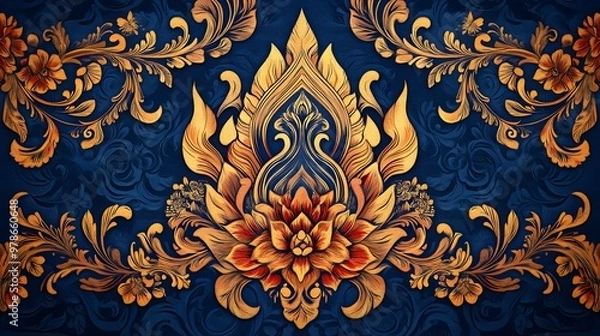 Fototapeta A traditional 2D background illustration with intricate Thai patterns, inspired by ancient temple murals, hyper-real, high quality, sharp images