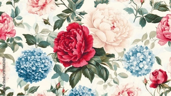 Fototapeta A floral pattern with roses, peonies, and hydrangeas background art