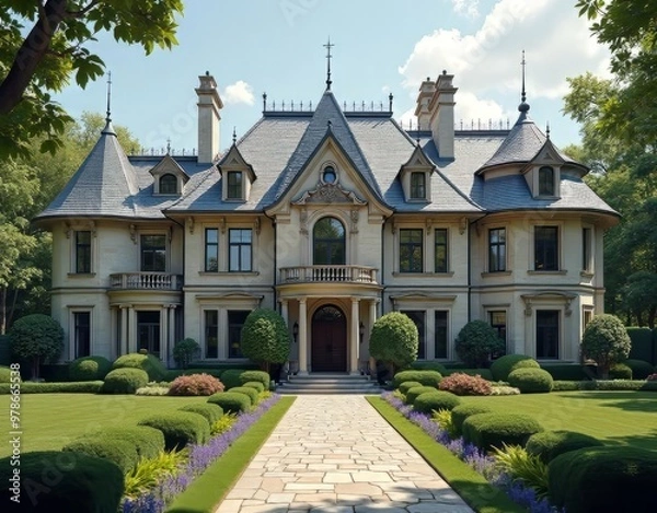 Fototapeta Elegant Slate and Tile Roof Adorns a Majestic Home
