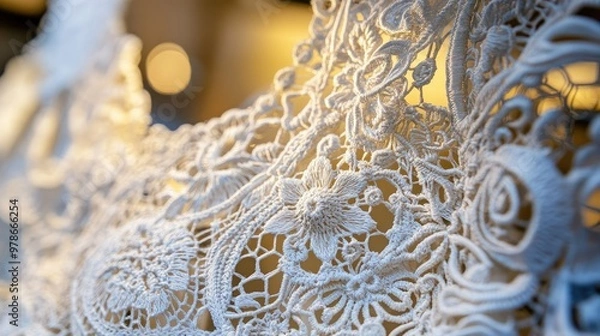 Fototapeta A close-up of intricate lace patterns in a Belgian lace shop window.