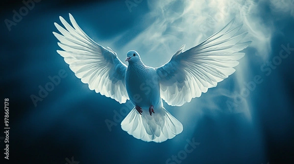 Fototapeta A Celestial Symbol of Divine Presence: A Majestic White Dove, Illuminated by the Divine Light, Representing the Holy Spirit