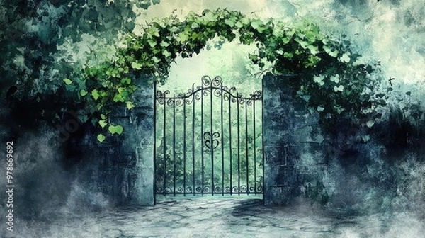Fototapeta A serene garden gate draped in ivy, inviting nature enthusiasts to explore a mystical outdoor sanctuary.