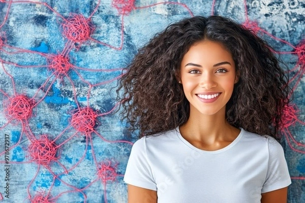Fototapeta Smiling woman standing in front of a vibrant abstract backdrop representing positivity creativity and confidence in a colorful modern world