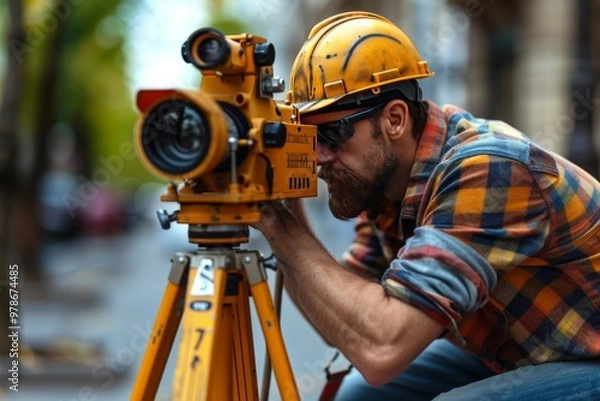 Fototapeta using theodolite for surveyors