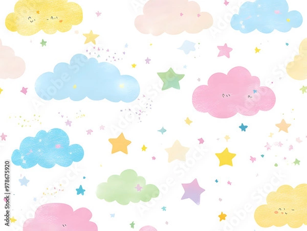 Fototapeta Adorable Cloud and Stars Pattern with Pastel Colors for Kids' Decor and Design
