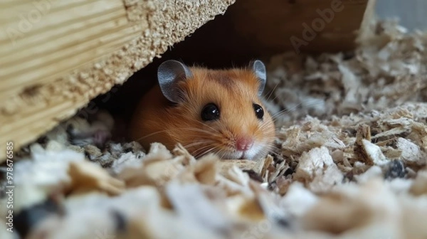 Fototapeta A hamster peeking out from behind a piece of furniture or enclosure wall, with a curious look.
