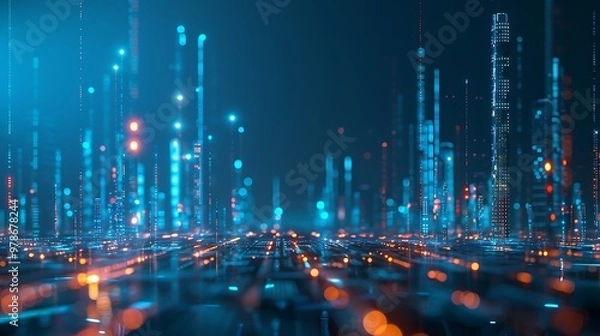 Obraz Smart City with Dot Point Connection, Business Theme, Simple, Blue