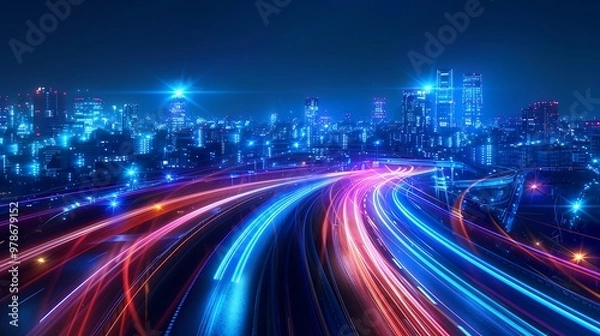 Obraz Smart City with Polygon Pattern and Speed Line Light, Business Theme, Simple, Blue