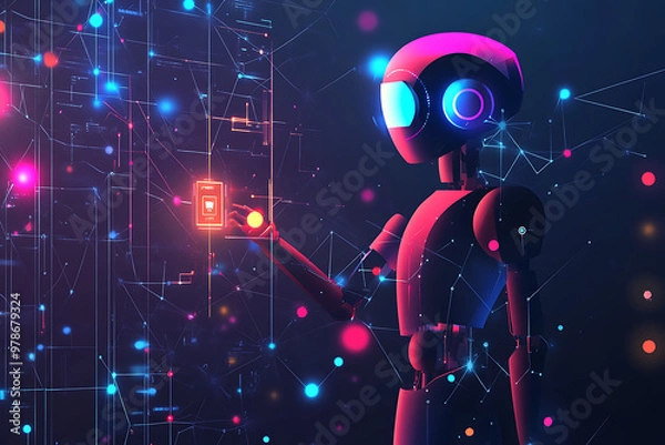 Fototapeta A futuristic robot interacting with digital elements and data visualizations.